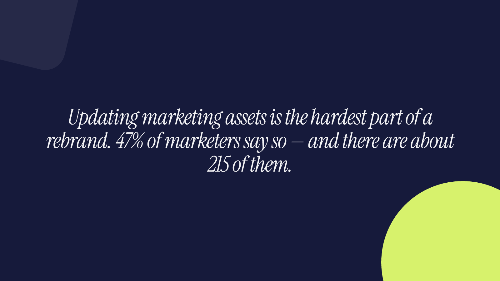 Updating marketing assets is the hardest part of a rebrand. 47% of marketers say so — and there are about 215 of them.
